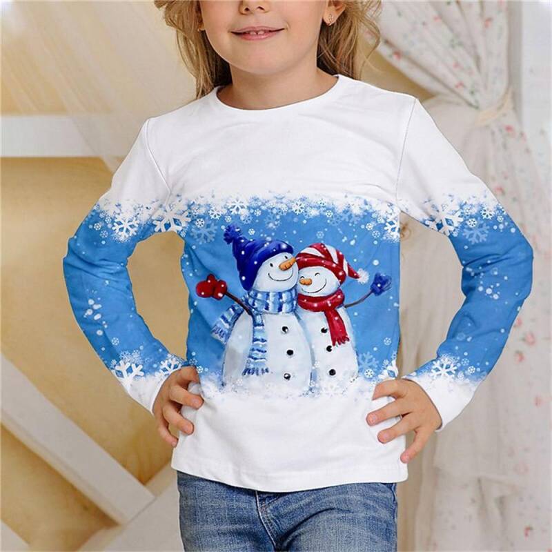 Kinder Weihnachten Schneemann 3D Digitaldruck Mädchen Modetrend Rundhals Langarm T-Shirt 140 weiß von Joom DACH