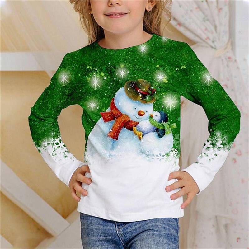 Kinder Weihnachten Schneemann 3D Digitaldruck Mädchen Modetrend Rundhals Langarm T-Shirt 150 grün von Joom DACH