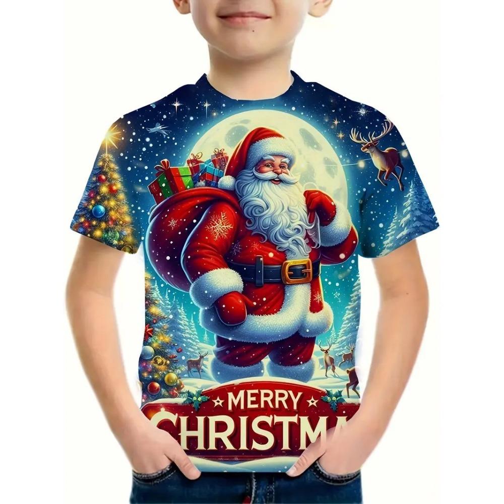 Kinder Weihnachts Serie 3D Digitaldruck Jungen Mode und Freizeit Rundhals Kurzarm T-Shirt 120 von Joom DACH