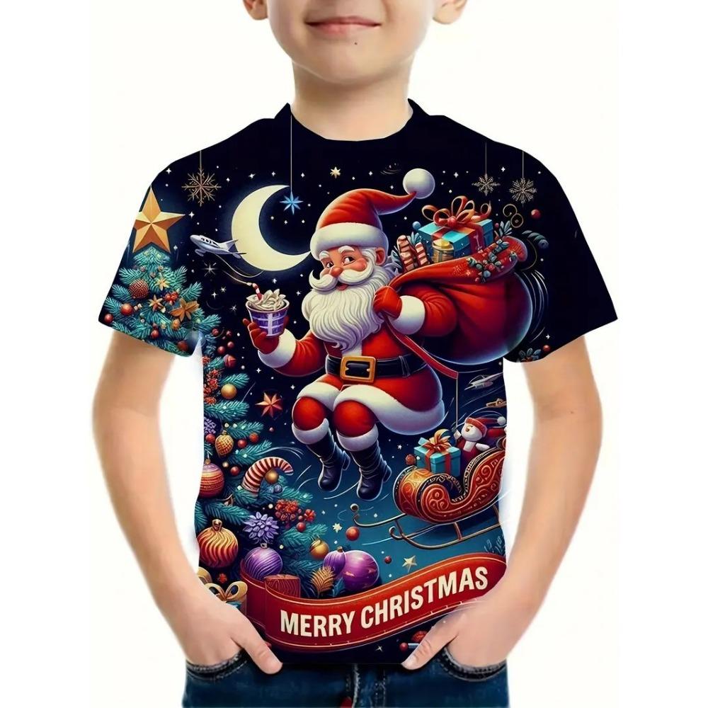 Kinder Weihnachts Serie 3D Digitaldruck Jungen Mode und Freizeit Rundhals Kurzarm T-Shirt 140 von Joom DACH