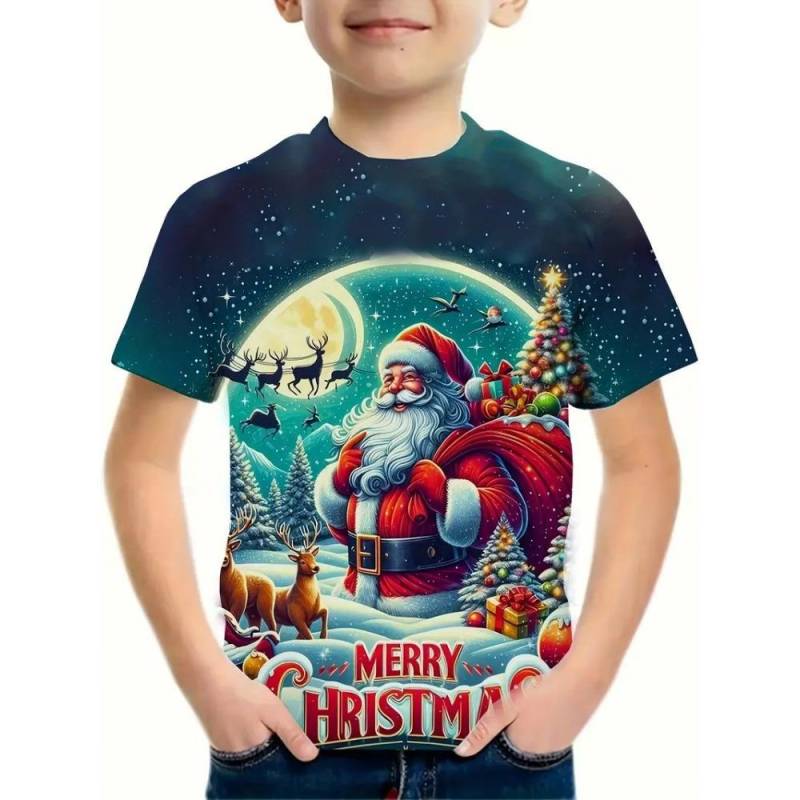 Kinder Weihnachts Serie 3D Digitaldruck Jungen Mode und Freizeit Rundhals Kurzarm T-Shirt 150 von Joom DACH