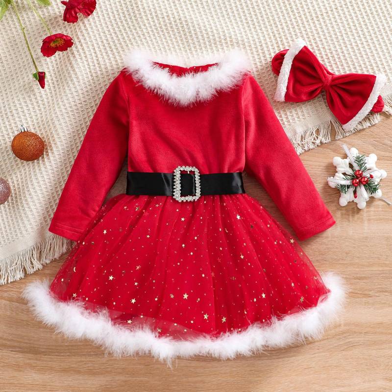 Kinder Weihnachtskleid Mädchen Langarm Stern Netz Kleid Prinzessin Kleider für Baby Abendkostüm 120cm rot von Joom DACH