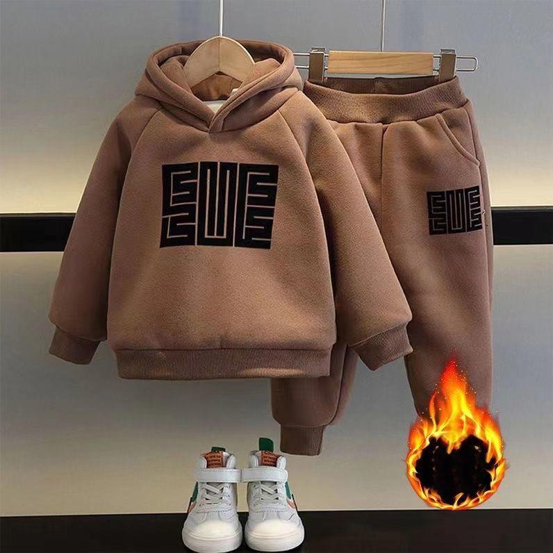 Kinder Winter Plus Samt Warme Pullover Hosen Zwei Pcs Set Jungen Mädchen Baumwolle Sweatshirts Sport Casual Kleidung Anzug 120cm khaki von Joom DACH