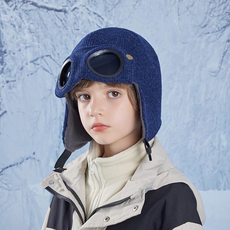 Kinder Wintermütze mit Brille Fleecefutter Kinder Mütze mit Ohrenklappen Skifahren Outdoor Warm Kindermütze für Mädchen Jungen navy blau von Joom DACH