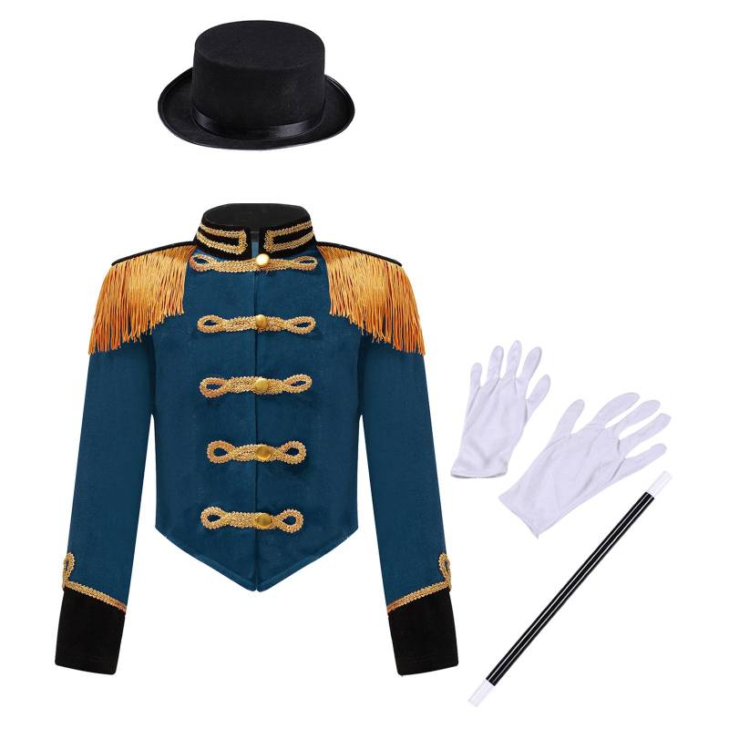 Kinder Zirkusdirektor Kostüm Set Langarm Stehkragen Quaste Schulter Knopf Jacke Hut Magische Handschuhe Halloween Aufführung 3-4 Years dunkelblaue von Joom DACH