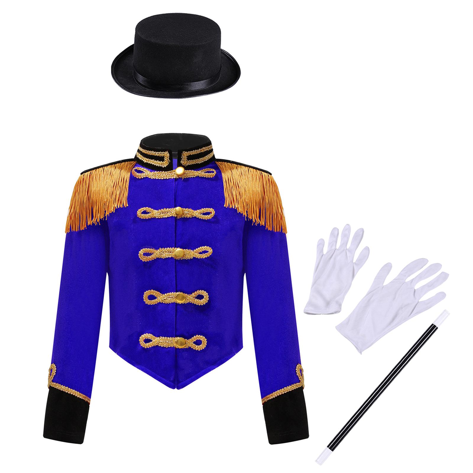 Kinder Zirkusdirektor Kostüm Set Langarm Stehkragen Quaste Schulter Knopf Jacke Hut Magische Handschuhe Halloween Aufführung 7-8 Years von Joom DACH