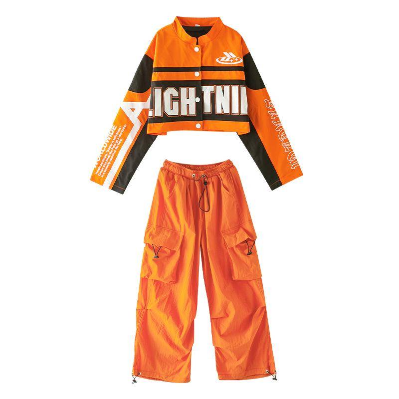 Kinderanzüge Jungen Mädchen Hip Hop Show Hübsch Jazz Dance Locker Orange Langarmjacke Cargo + Hose Kleidung Zweiteiliges Set 160cm von Joom DACH