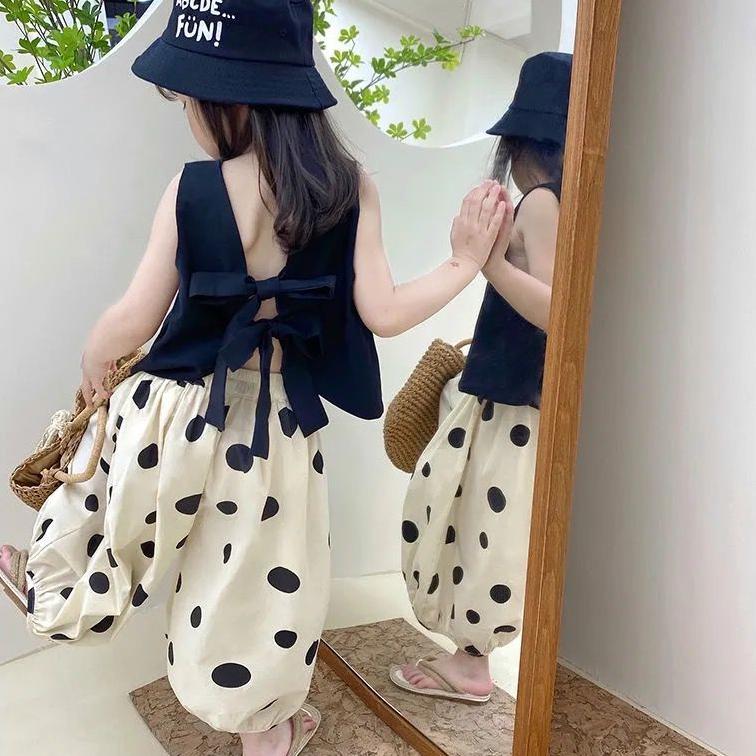 Kinderanzug Sommerkleidung Dünne Mädchen Schmetterling Tau Rücken Weste Ärmellose Freizeithose Laternenhose Hose mit weitem Bein Koreanisches Zweiteiliges Set 90 von Joom DACH