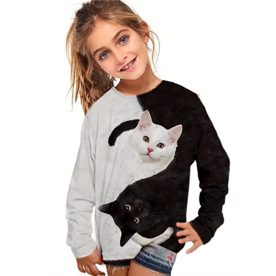 Kinderbekleidung Mädchen T-Shirts Langarm Kinder T-Shirt Cartoon Rundhals Katzenprint Lässig Kinder Sommerkleidung Mädchen Top T-Shirt 140 von Joom DACH
