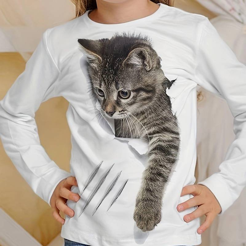 Kinderbekleidung Mädchen T-Shirts Langarm Kinder T-Shirt Cartoon Rundhals Katzenprint Lässig Kinder Sommerkleidung Mädchen Top T-Shirt 150 von Joom DACH