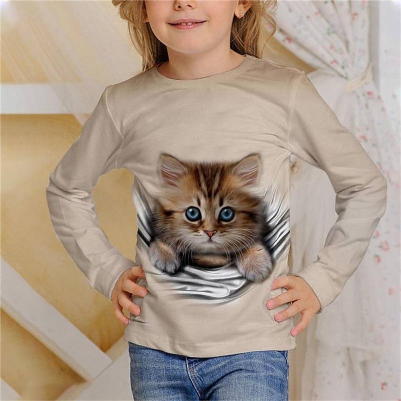 Kinderbekleidung Mädchen T-Shirts Langarm Lässig 3D Katzenaufdruck Kinder Frühling Herbst Kleidung Mode Oberteile Outdoor Jungen Mädchen Kleidung 110 von Joom DACH
