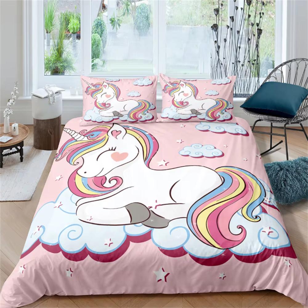 Kinderbettwäsche-Sets, Geschenke, Bettbezug-Sets mit Einhorn- und buntem Pferdedruck für Kinder, Mädchen und Jungen, 2/3-teilig, einzelne rosa Steppdecken cot size 70x133cm von Joom DACH