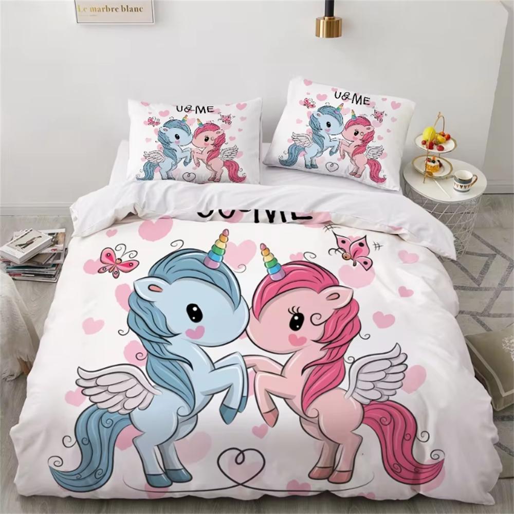 Kinderbettwäsche-Sets, Geschenke, Bettbezug-Sets mit Einhorn- und buntem Pferdedruck für Kinder, Mädchen und Jungen, 2/3-teilig, einzelne rosa Steppdecken cot size 70x133cm von Joom DACH