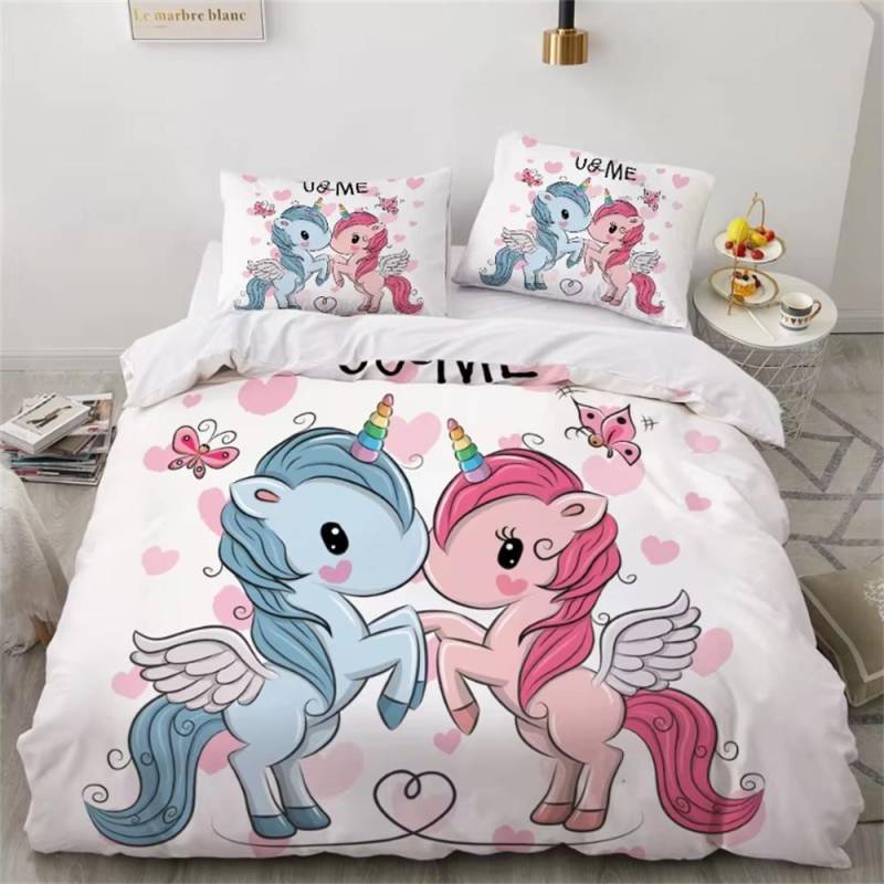 Kinderbettwäsche-Sets, Geschenke, Bettbezug-Sets mit Einhorn- und buntem Pferdedruck für Kinder, Mädchen und Jungen, 2/3-teilig, einzelne rosa Steppdecken cot size 70x133cm von Joom DACH