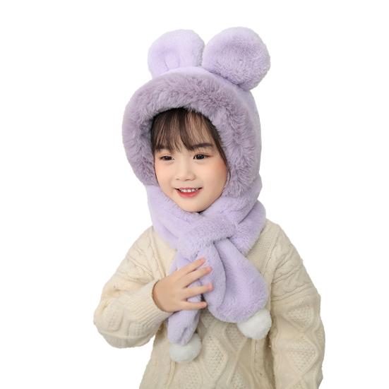 Kinderhut mit Bärenohr-Dekoration, einfarbig, verdickt, Plüsch, warmer Hut-Schal-Set, Kinder Kaltwetterhut violett von Joom DACH