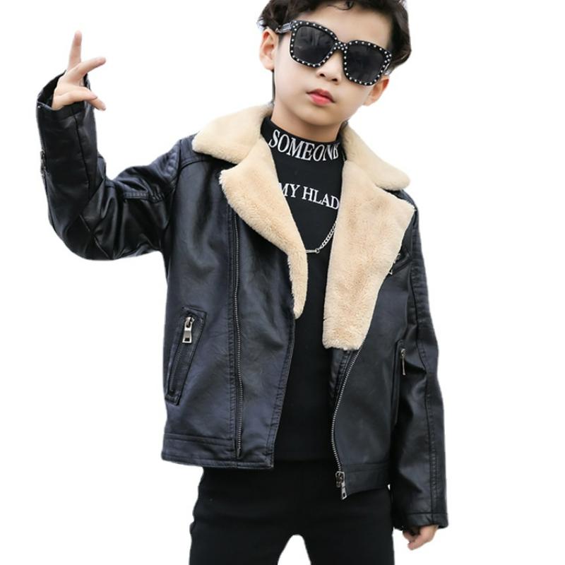 Kinderkleidung Jungen Fleece Leder Winter Koreanischer Stil Revers Pelzkragen Motorradjacke Mantel 150 schwarz von Joom DACH