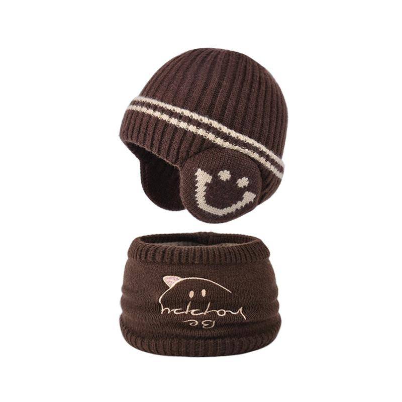 Kindermütze Schal Anzug Winter Samt Ohrenschutz Pullover Mütze Jungen Outdoor Winddicht Warm Gestrickte Wollmütze kaffeebraun von Joom DACH
