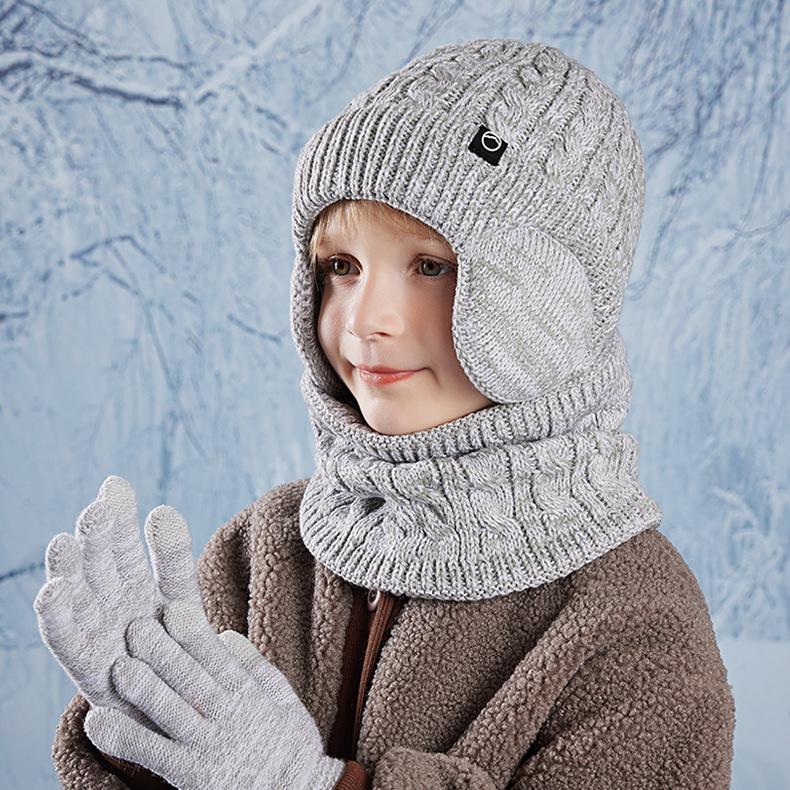 Kindermütze Winter Warme Mütze Schal Handschuhe Dreiteilige Samt-Ohrenschutzmütze Jungen Mädchen Outdoor Kältefeste Strickmütze aus Wolle von Joom DACH