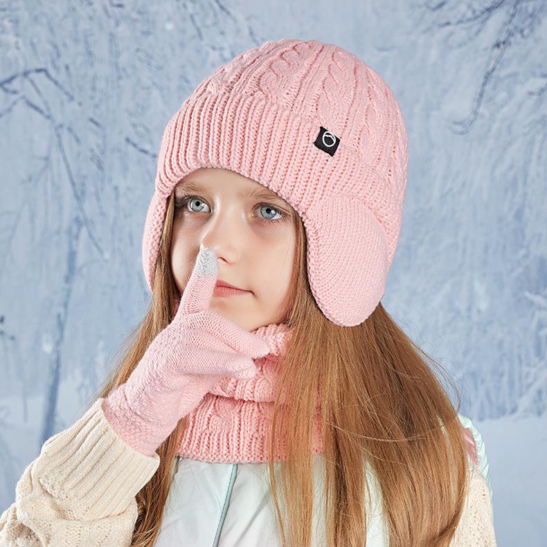 Kindermütze Winter Warme Mütze Schal Handschuhe Dreiteilige Samt-Ohrenschutzmütze Jungen Mädchen Outdoor Kältefeste Strickmütze aus Wolle von Joom DACH