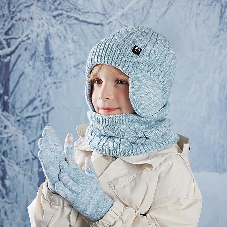 Kindermütze Winter Warme Mütze Schal Handschuhe Dreiteilige Samt-Ohrenschutzmütze Jungen Mädchen Outdoor Kältefeste Strickmütze aus Wolle von Joom DACH