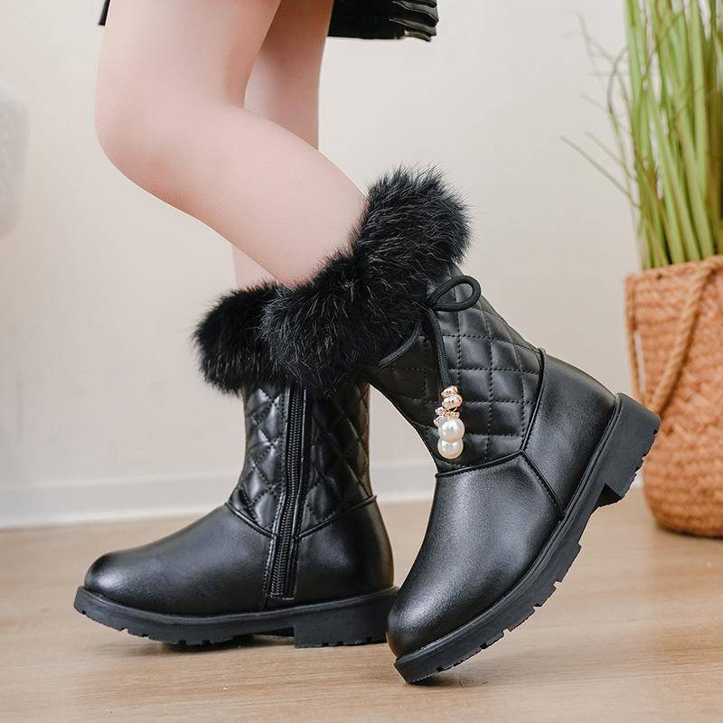 Kinderstiefel, Herbst- und Winterkaninchenfell, Mädchen-Schneestiefel, Warme Prinzessinnenstiefel für mittelalte Kinder, Midsole-Stiefel 37 schwarz von Joom DACH
