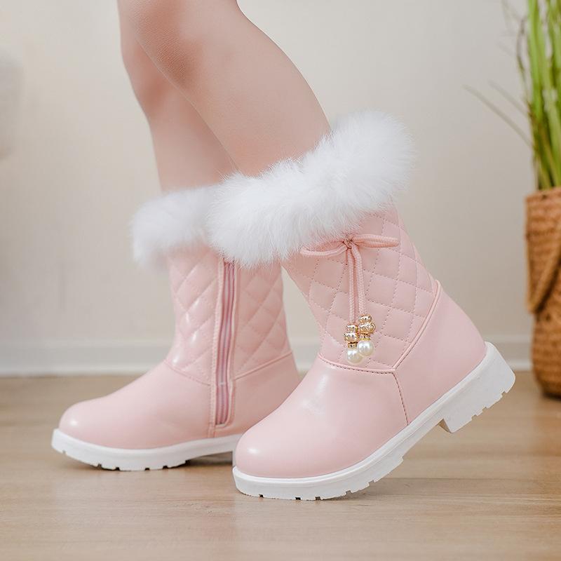 Kinderstiefel, Herbst- und Winterkaninchenfell, Mädchen-Schneestiefel, Warme Prinzessinnenstiefel für mittelalte Kinder, Midsole-Stiefel 37 rosa von Joom DACH