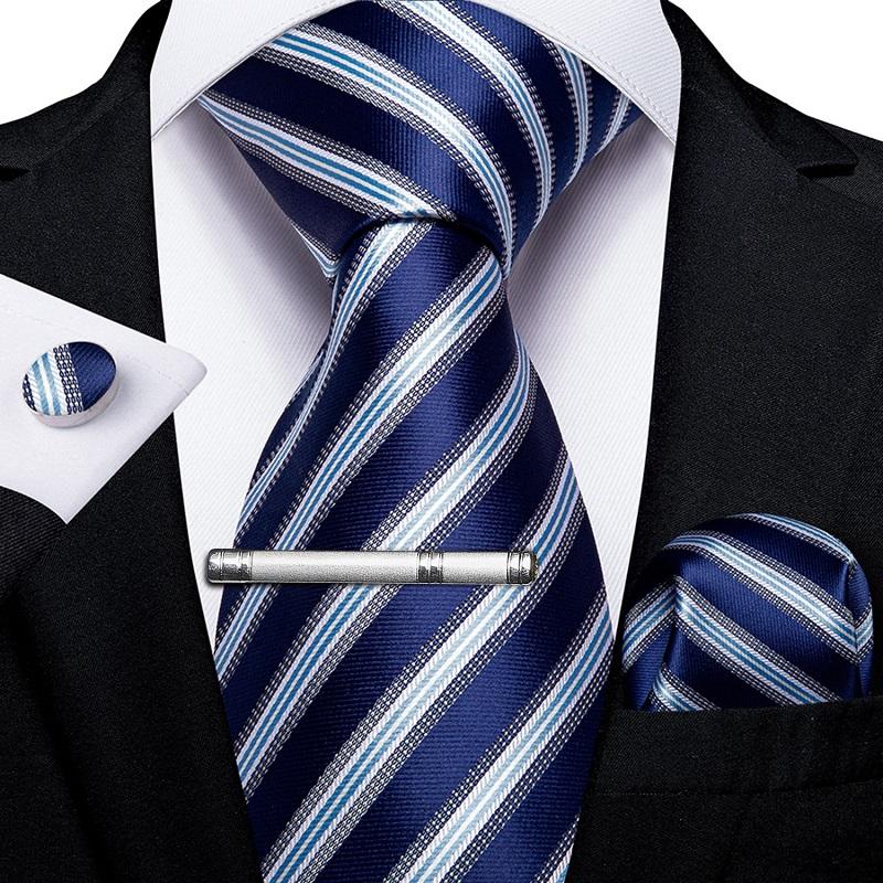Klassische Herrenkrawatte, marineblau, gestreift, formelle Krawatte für Herren, Krawattenklammern, Einstecktuch, Manschettenknopf, Seidenkrawatten-Set N-7062 von Joom DACH