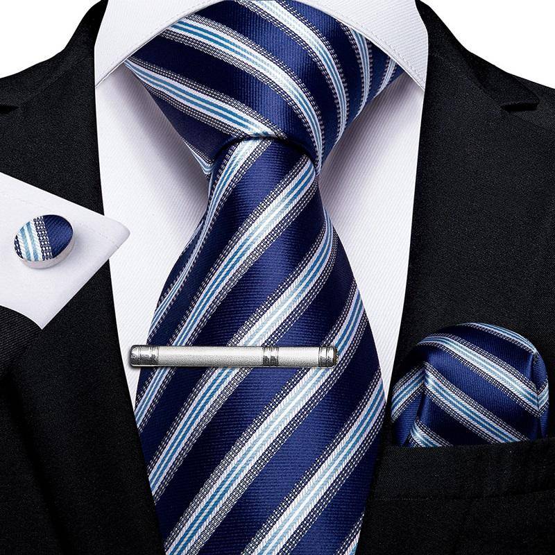 Klassische Herrenkrawatte, marineblau, gestreift, formelle Krawatte für Herren, Krawattenklammern, Einstecktuch, Manschettenknopf, Seidenkrawatten-Set N-7062 von Joom DACH
