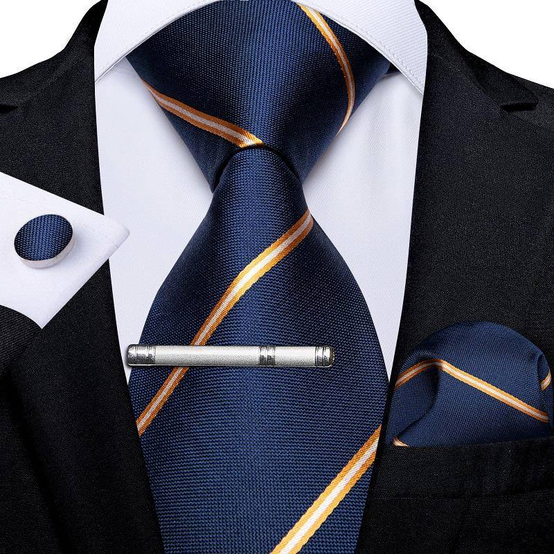 Klassische Herrenkrawatte, marineblau, gestreift, formelle Krawatte für Herren, Krawattenklammern, Einstecktuch, Manschettenknopf, Seidenkrawatten-Set N-7093 von Joom DACH