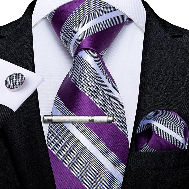 Klassische Herrenkrawatte, marineblau, gestreift, formelle Krawatte für Herren, Krawattenklammern, Einstecktuch, Manschettenknopf, Seidenkrawatten-Set N-7410 von Joom DACH