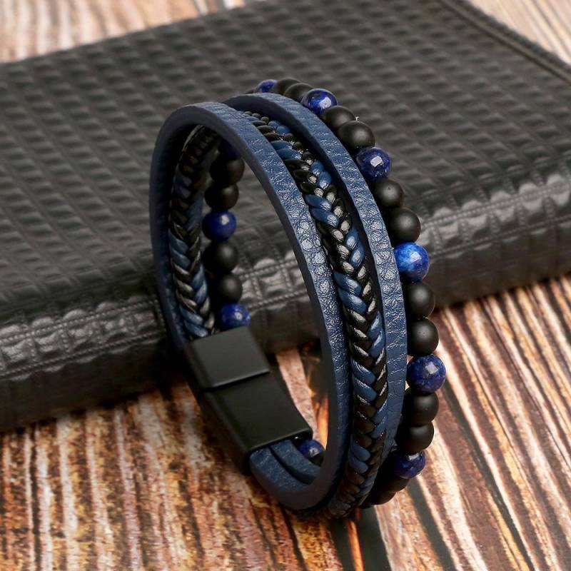 Klassische Mode Tigerauge Perlen Multi Layer Lederarmband für Männer handgewebte Leder Männer Armbänder Punk Armreif Schmuck für Männer 21cm blau von Joom DACH