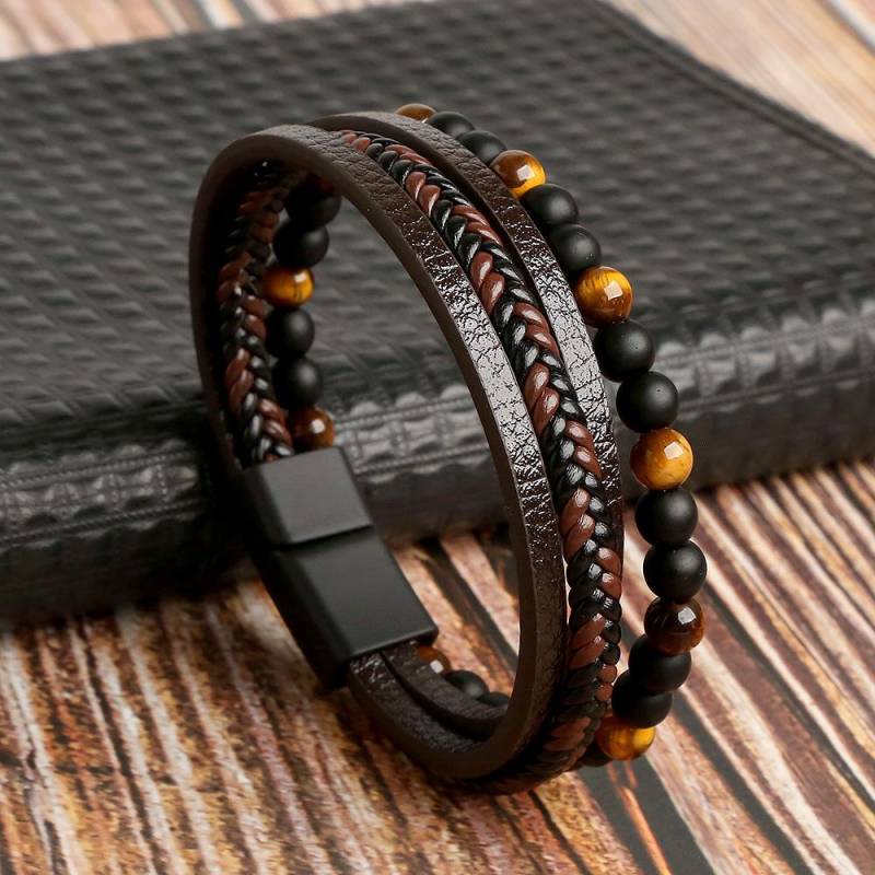 Klassische Mode Tigerauge Perlen Multi Layer Lederarmband für Männer handgewebte Leder Männer Armbänder Punk Armreif Schmuck für Männer 21cm braun von Joom DACH
