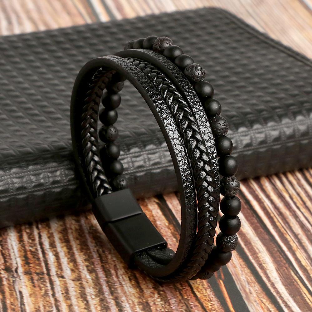 Klassische Mode Tigerauge Perlen Multi Layer Lederarmband für Männer handgewebte Leder Männer Armbänder Punk Armreif Schmuck für Männer 23cm schwarz von Joom DACH