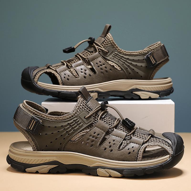 Klassische handgefertigte Echtleder-Sandalen für Herren Sommer Outdoor Bequem Atmungsaktiv Strandschuhe Leicht Lässige Herrenschuhe 38 khaki von Joom DACH