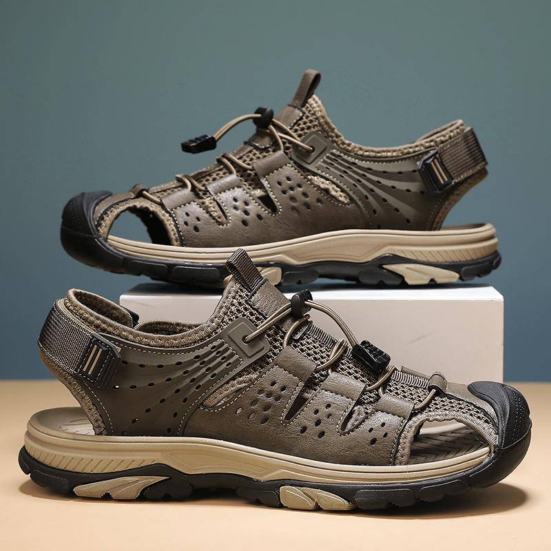 Klassische handgefertigte Echtleder-Sandalen für Herren Sommer Outdoor Bequem Atmungsaktiv Strandschuhe Leicht Lässige Herrenschuhe 38 khaki von Joom DACH