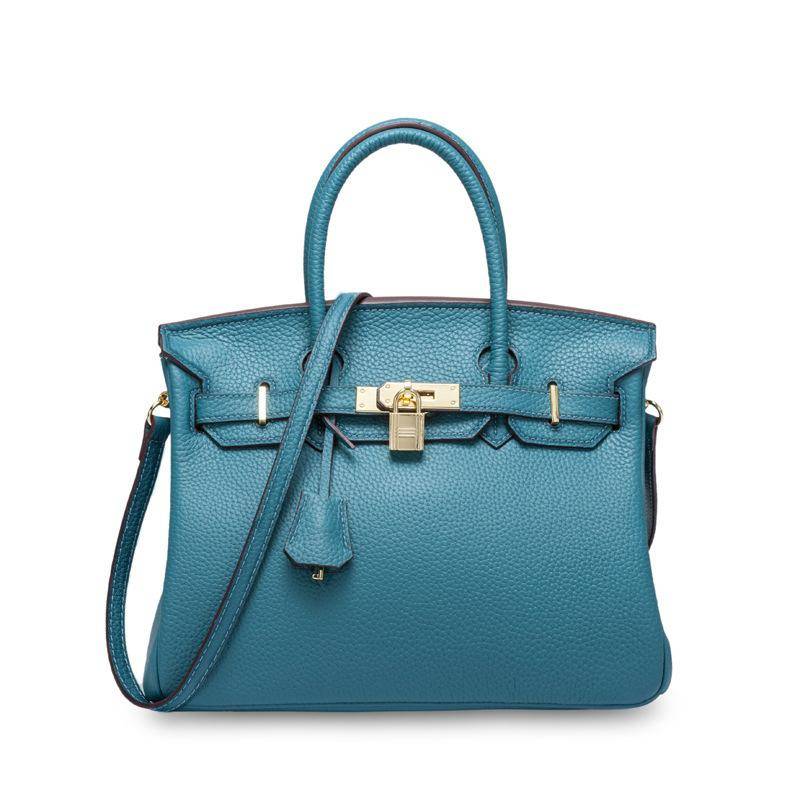 Klassische mode frauen top rindsleder weiß gold tasche leder handtasche schultertasche gold schnalle horizontale platz 35x18x25cm strapless denim-blau von Joom DACH