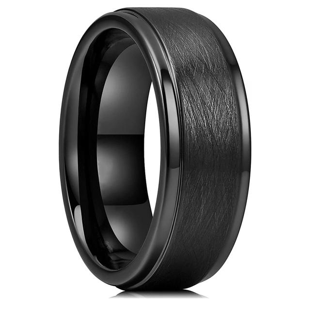Klassischer 8 mm Wolfram-Ehering, schwarz/silberfarben, gebürstet, zwei Rillen in der Mitte, gehämmertes Design, Herren-Ehering, Schmuck, Geschenke 12 von Joom DACH
