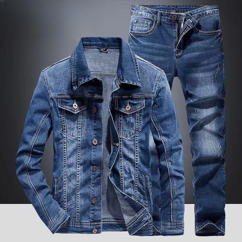 Klassischer Jeansanzug für Herren im Frühling und Herbst, schmale Micro-Stretch-Jeansjacke, zweiteilig, 5XL S dunkelblaue von Joom DACH