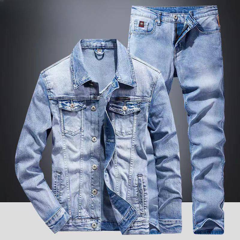 Klassischer Jeansanzug für Herren im Frühling und Herbst, schmale Micro-Stretch-Jeansjacke, zweiteilig, 5XL XL hellblaue von Joom DACH