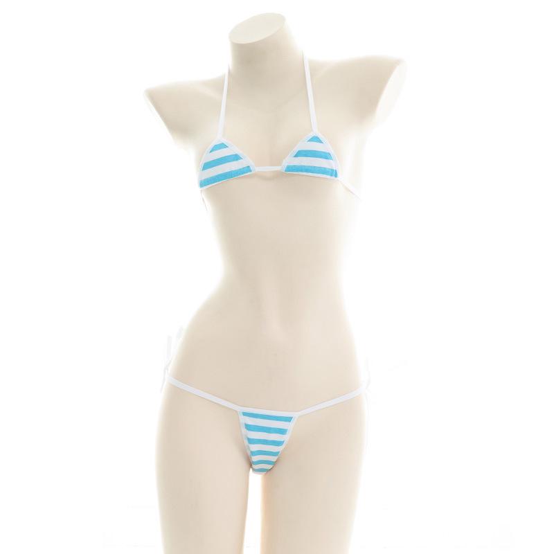 Klassischer japanischer gestreifter Triangel-Bikini - Blau, Rosa & Weiß One Size 80-120 kg von Joom DACH