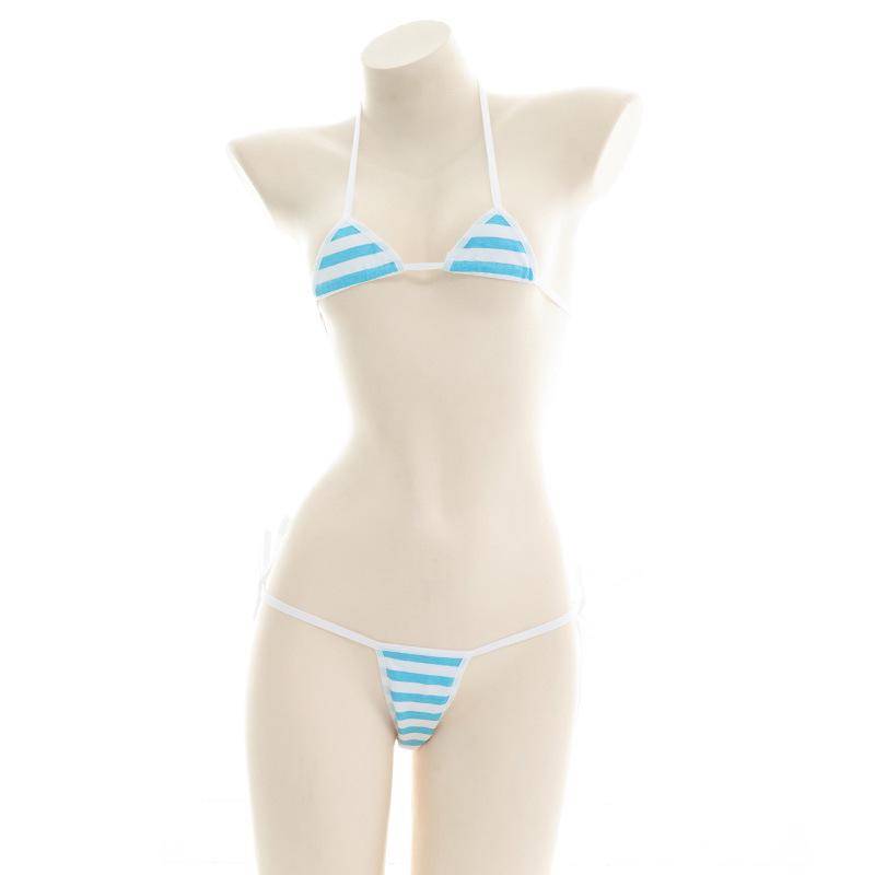 Klassischer japanischer gestreifter Triangel-Bikini - Blau, Rosa & Weiß One Size 80-120 kg von Joom DACH