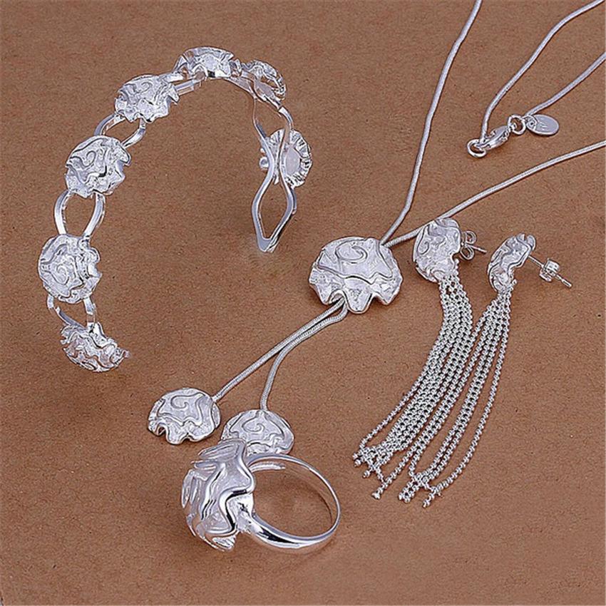 Klassisches Schmuckset mit Rosenblüte, 925er Sterlingsilber, Ringe, Armreifen, Armbänder, Halsketten, Ohrstecker für Frauen, Weihnachtsgeschenk 45CM and 20CM von Joom DACH