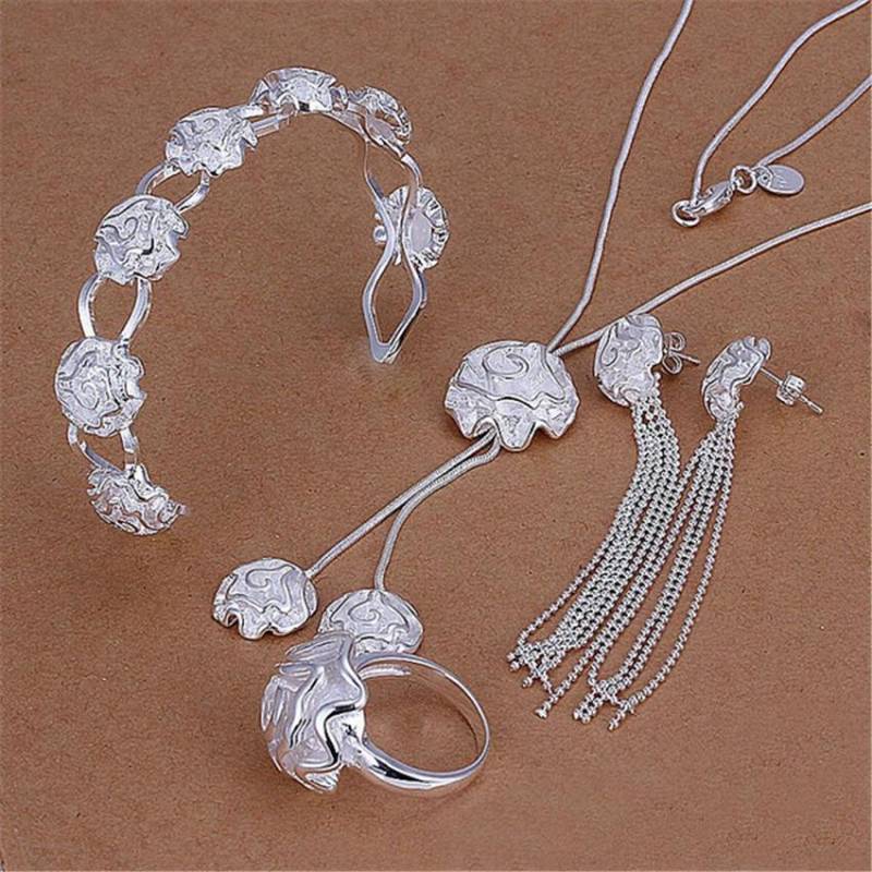 Klassisches Schmuckset mit Rosenblüte, 925er Sterlingsilber, Ringe, Armreifen, Armbänder, Halsketten, Ohrstecker für Frauen, Weihnachtsgeschenk 45CM and 20CM von Joom DACH