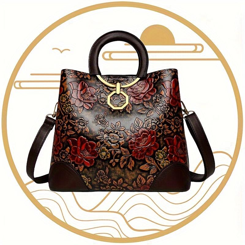 Klassisches Temperament, antik bedruckte Damentasche, geeignet für jede Jahreszeit, Reise-Tagestasche, Blumen-Umhängetasche für Damen gelb von Joom DACH