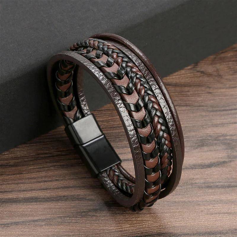 Klassisches handgewebtes Lederarmband, 19/21/23 cm, mehrschichtiges Leder, Herren-Armband, Punk-Armreif für Freunde, Charm-Schmuck, Geschenke 21cm von Joom DACH