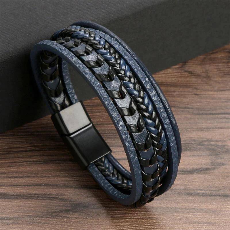 Klassisches handgewebtes Lederarmband, 19/21/23 cm, mehrschichtiges Leder, Herren-Armband, Punk-Armreif für Freunde, Charm-Schmuck, Geschenke 21cm von Joom DACH