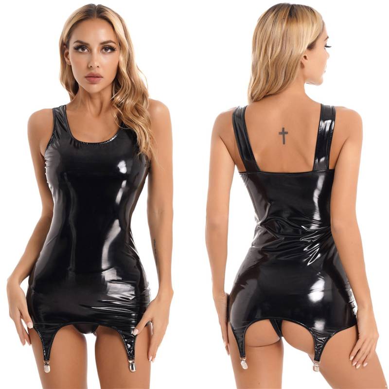 Kleid mit Strumpfgürtel, ärmelloses Lackleder-Minikleid für Damen, figurbetont, Bleistift, Clubwear L schwarz von Joom DACH