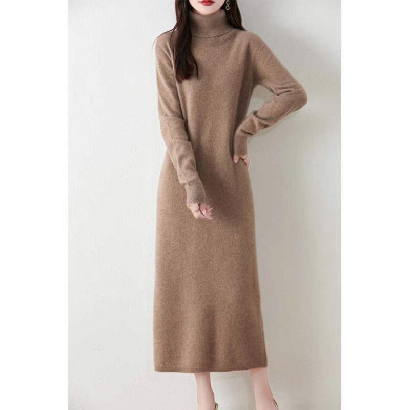 Kleid mit hohem Revers für Damen, gestrickt, gerader Schlauch, lockerer, schmaler Saum, Pulloverkleid über dem Knie, mittellanger Kaschmirrock 2XL von Joom DACH