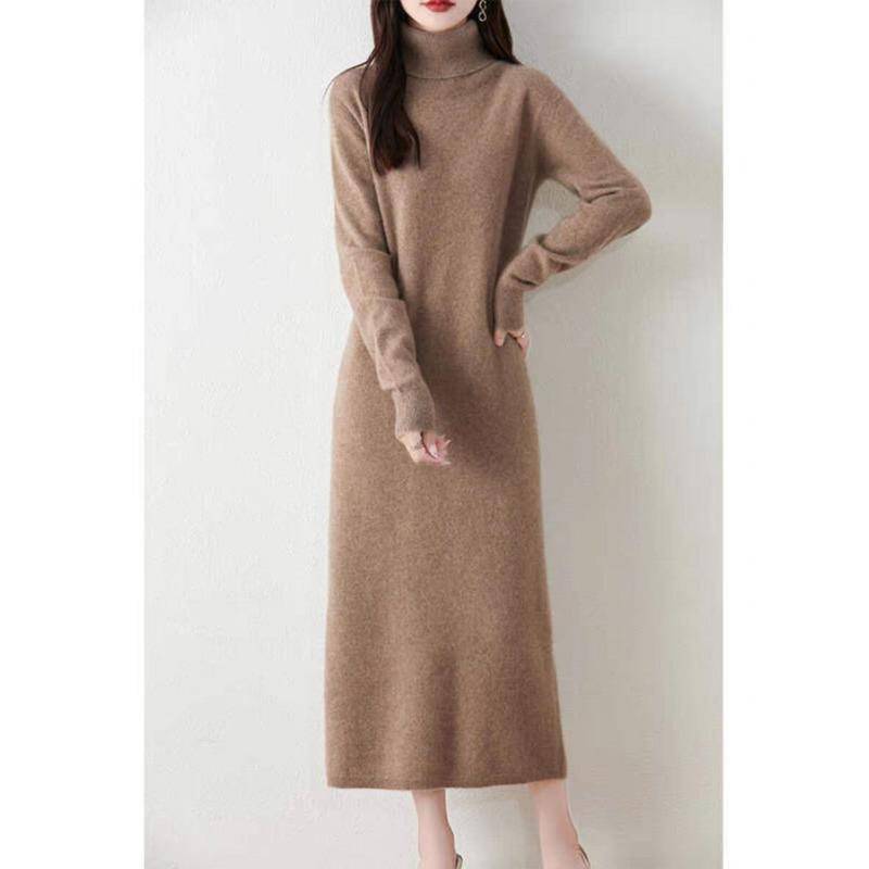 Kleid mit hohem Revers für Damen, gestrickt, gerader Schlauch, lockerer, schmaler Saum, Pulloverkleid über dem Knie, mittellanger Kaschmirrock 2XL von Joom DACH