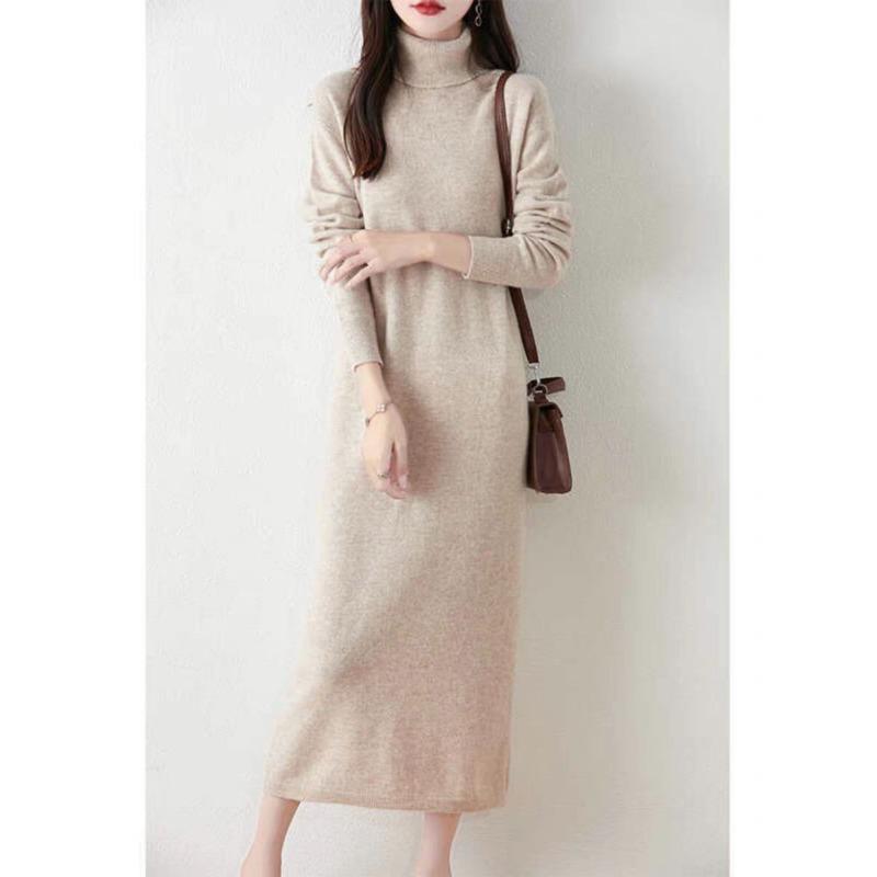 Kleid mit hohem Revers für Damen, gestrickt, gerader Schlauch, lockerer, schmaler Saum, Pulloverkleid über dem Knie, mittellanger Kaschmirrock 2XL von Joom DACH